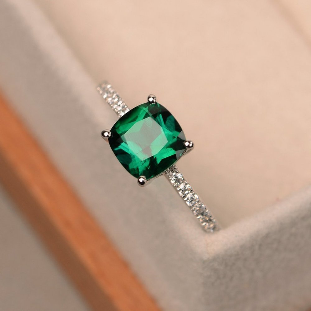 Sterling Silver Emerald Diamond Cushion Cut Ring - Picture 2 of 3